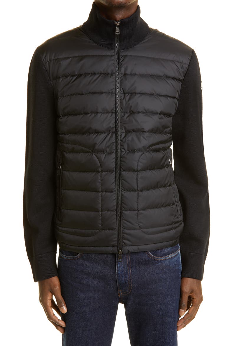 Quilted Down & Knit Cardigan, Main, color, BLACK