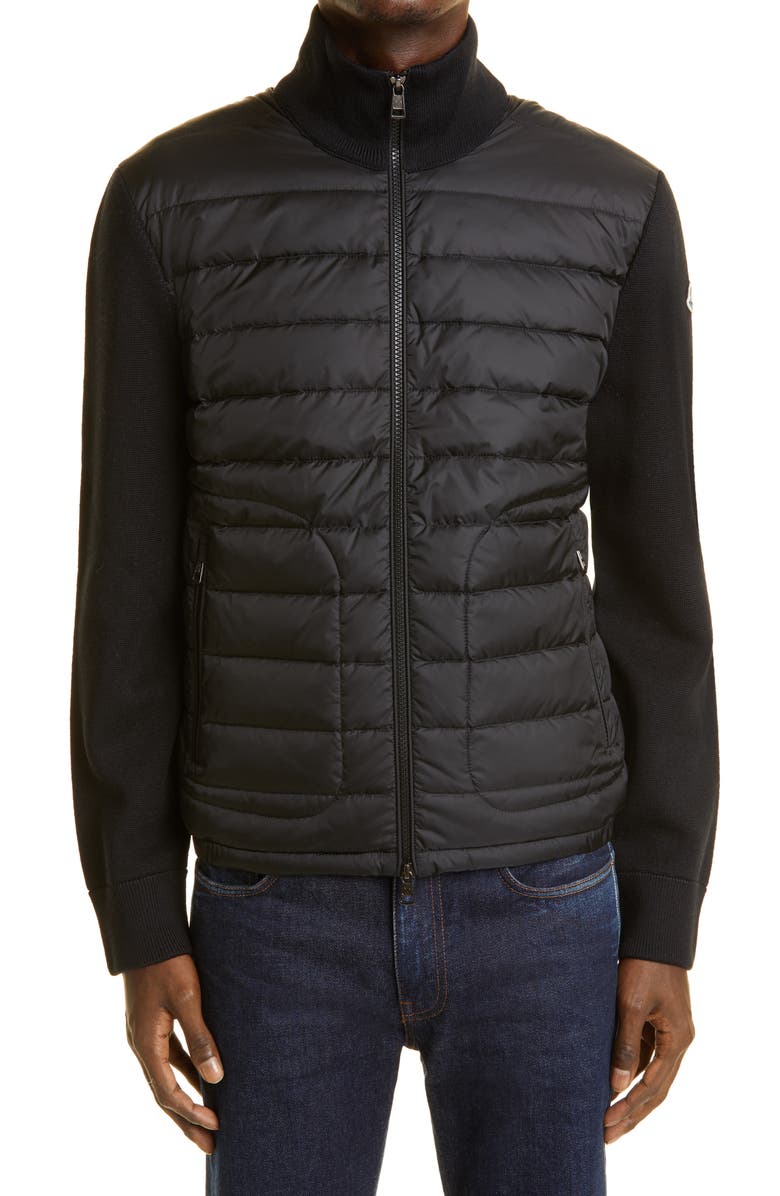 Moncler Quilted Down & Knit Cardigan, Main, color, 