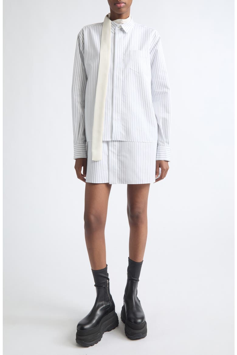 Stripe Layered Long Sleeve Poplin Dress with Satin Tie, Main, color, OFF WHITE STRIPE