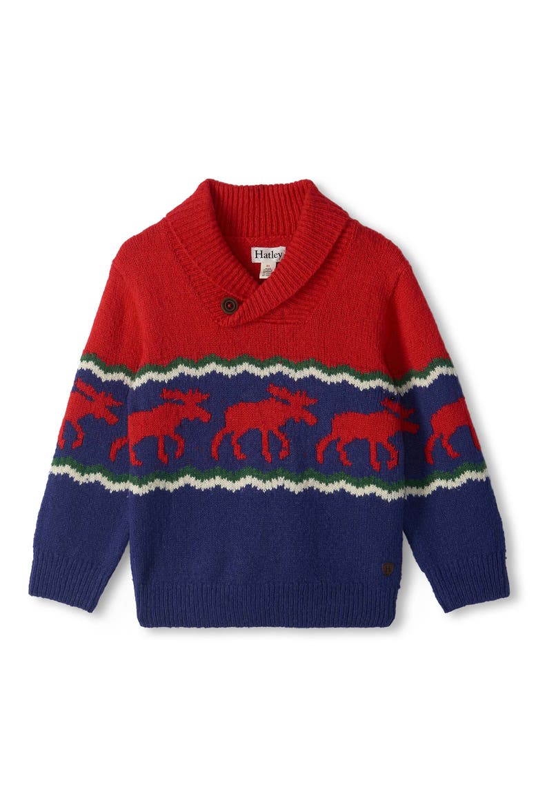 Kids' Holiday Moose Shawl Collar Sweater, Main, color, BLUE