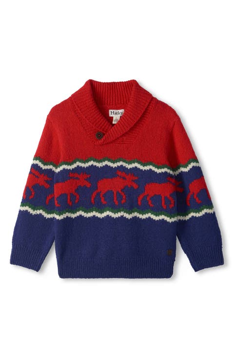Kids' Holiday Moose Shawl Collar Sweater