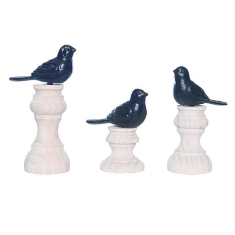 Wood Metal Bird Decor On Stand Set of 3