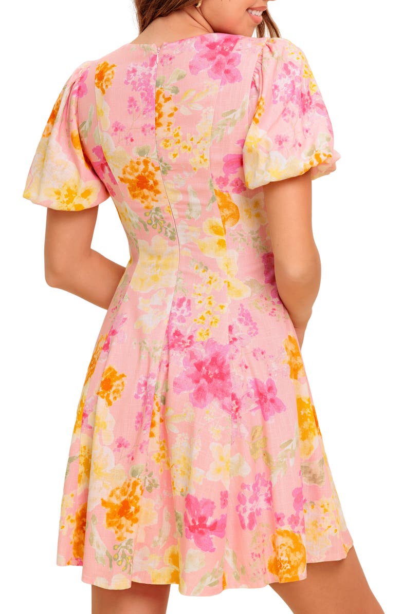 FLYING TOMATO Floral Puff Sleeve Linen Minidress, Alternate, color, 