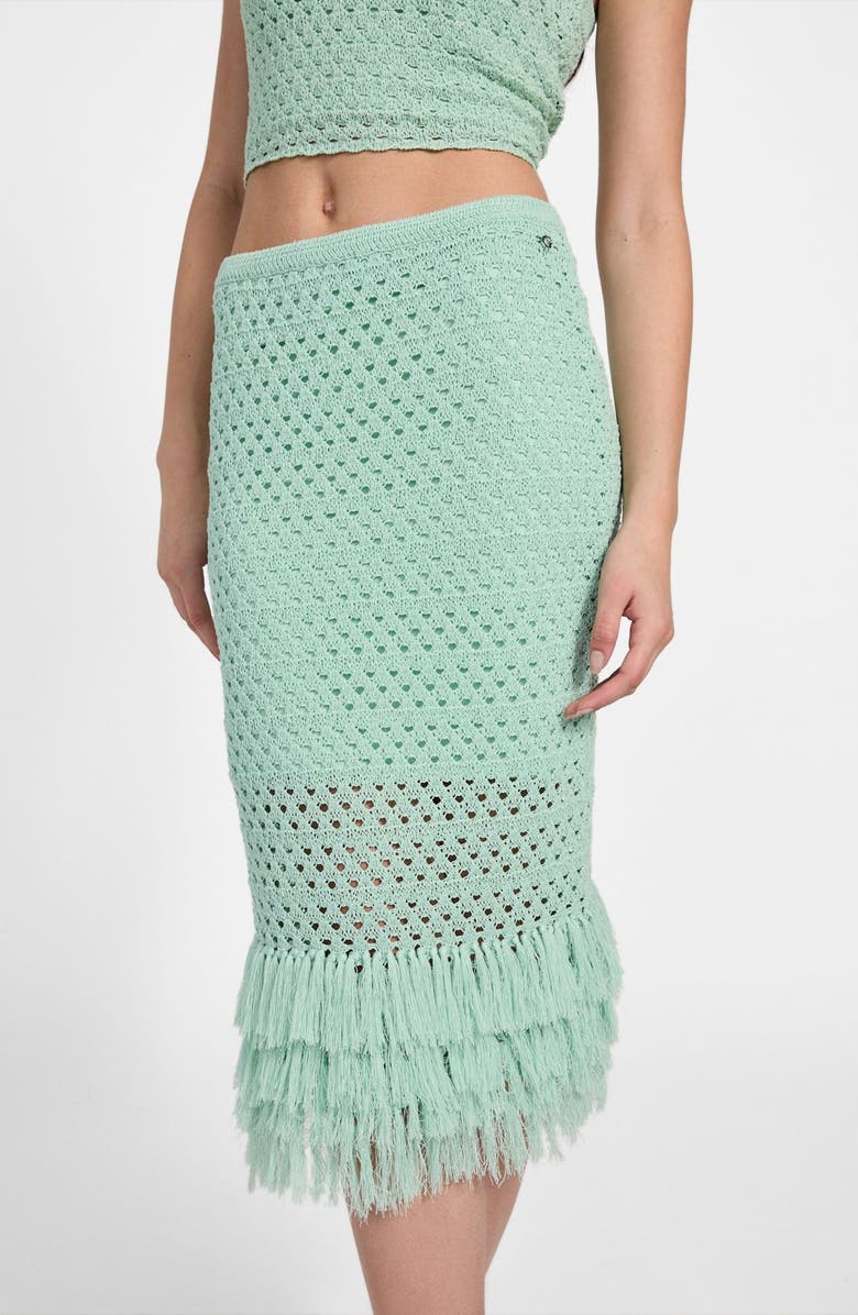 GUESS Luca Fringe Hem Open Stitch Midi Skirt, Alternate, color, Saturn Green A809