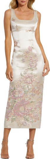 Sleeveless Scoop Neck Floral Detail Brocade Midi Dress