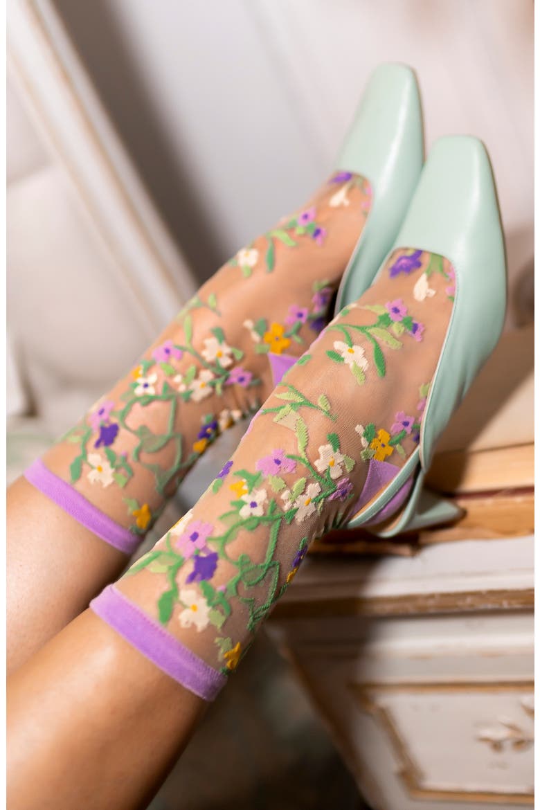 Floral Sheer Crew Socks, Alternate, color, PINK/ PURPLE