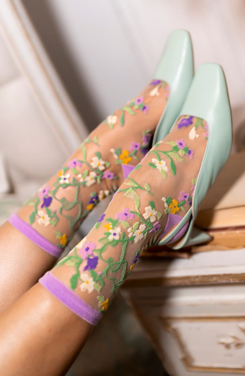 Sock Candy Floral Sheer Crew Socks, Alternate, color, Pink/ Purple