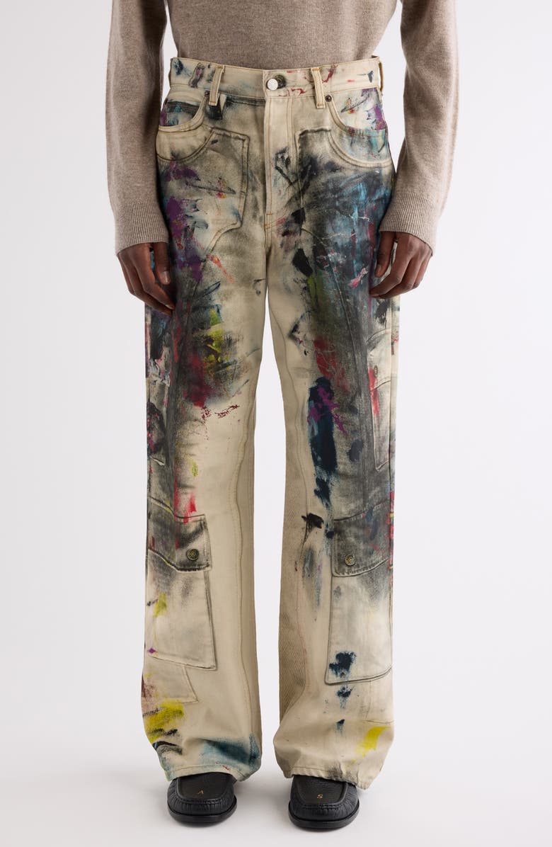 Acne Studios 1981 Paint Print Trompe l'Oeil Wide Leg Jeans, Main, color, White/ Multi
