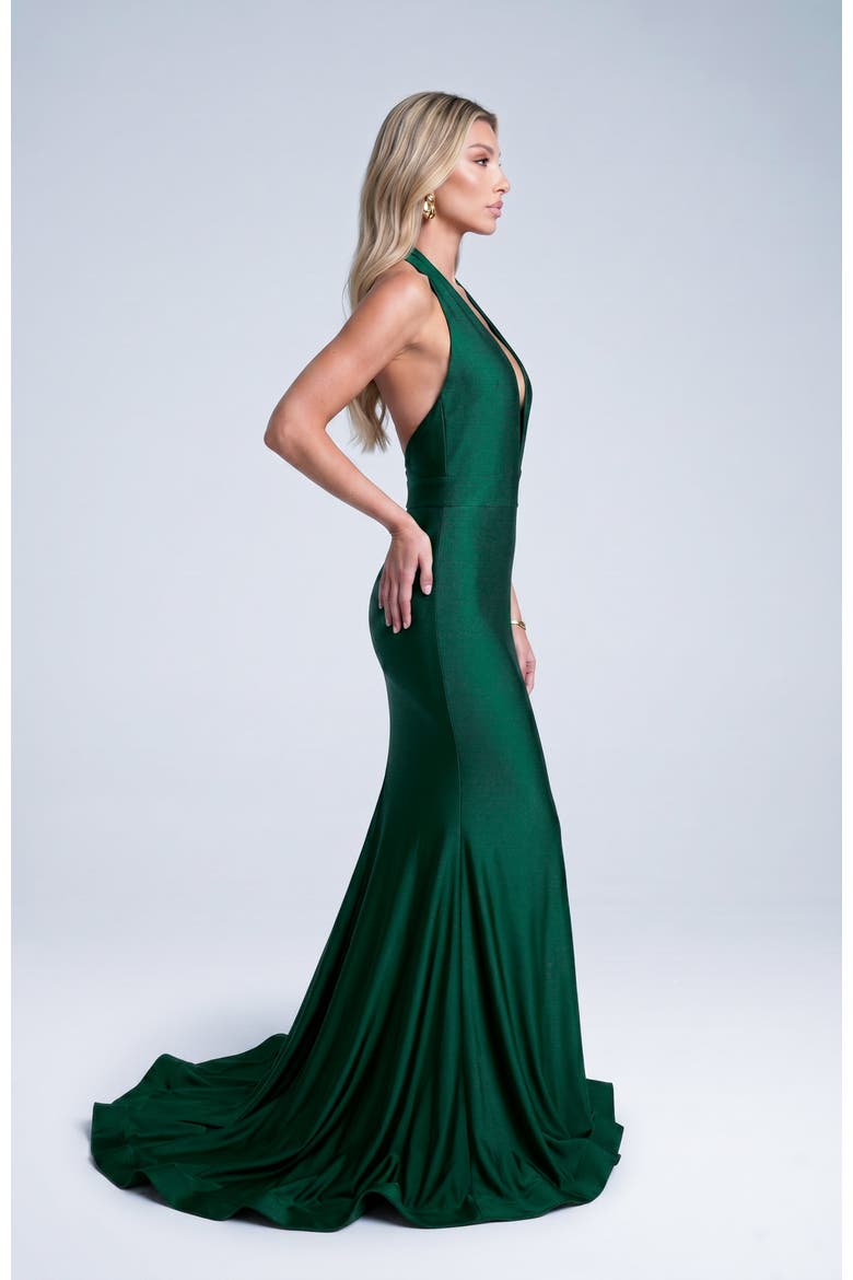 Plunging Halter Neck Mermaid Evening Gown, Alternate, color, Forest Green