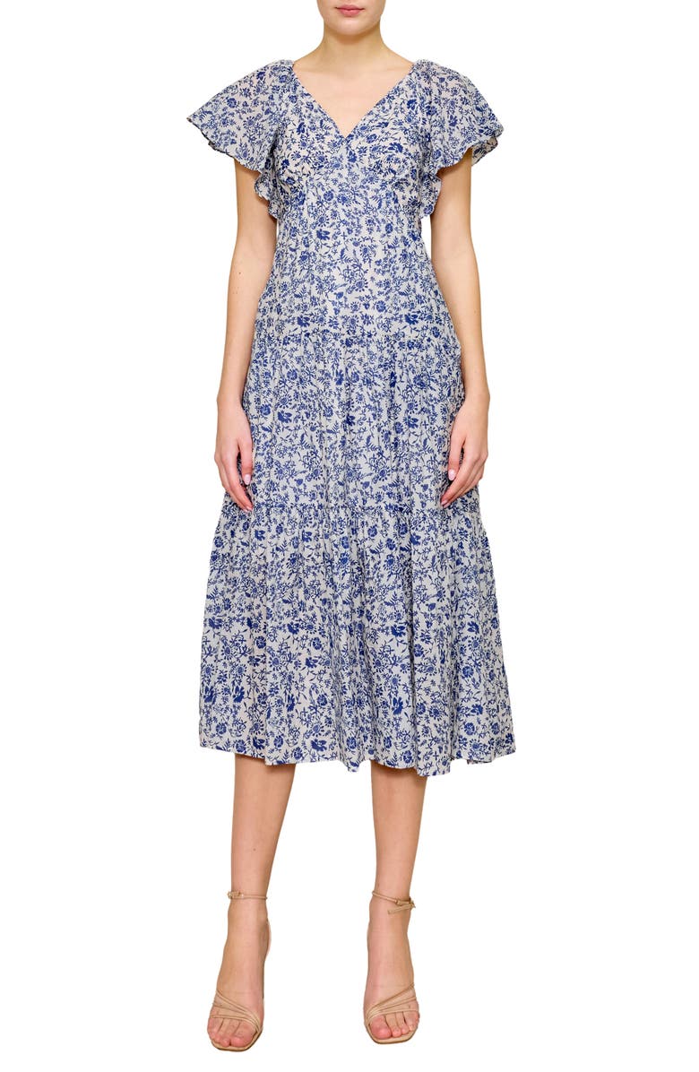 MELLODAY Floral Flutter Sleeve Tiered Midi Dress, Main, color,