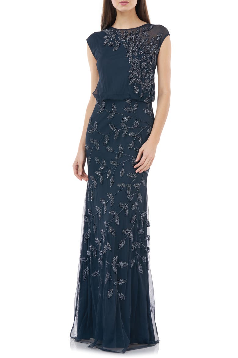 Beaded Leaf Chiffon Trumpet Gown, Main, color, NAVY