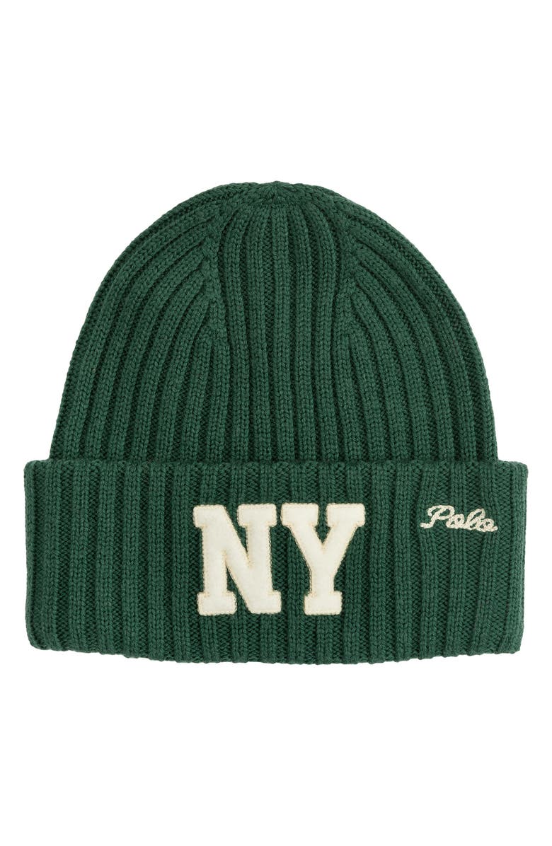 Polo Ralph Lauren NY Appliqué Wool Rib Beanie, Main, color, Washed Forest