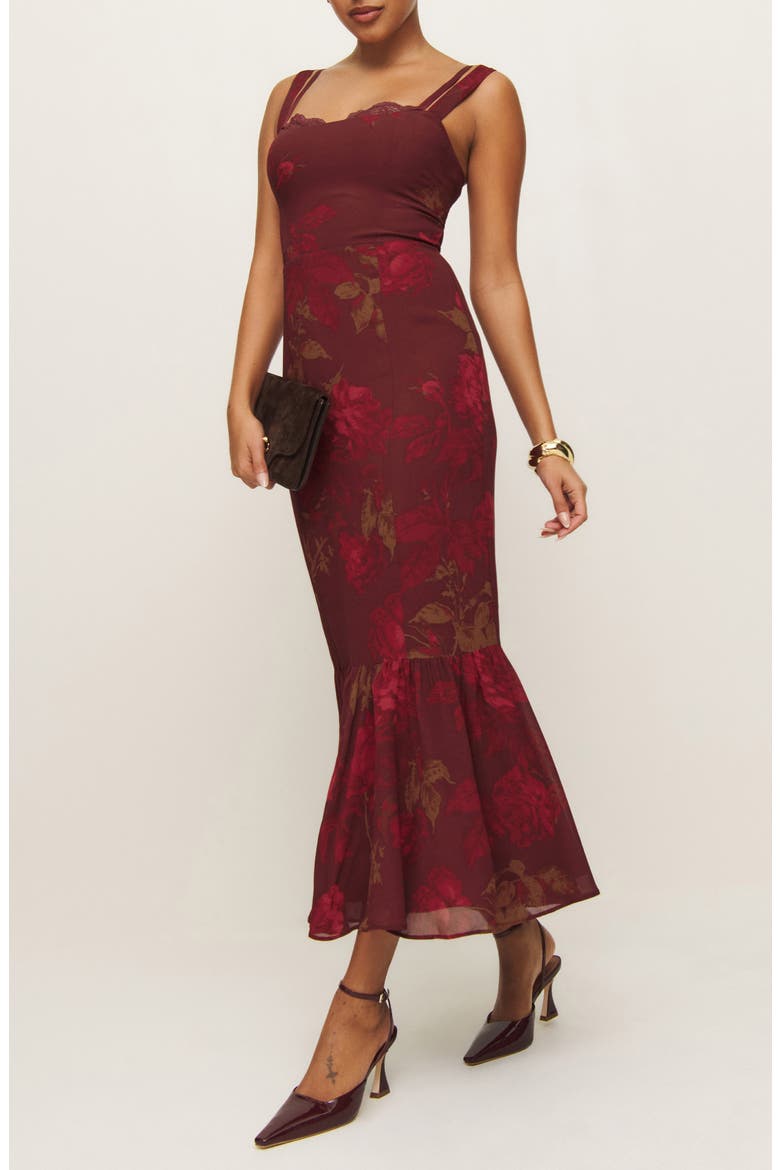 Irisa Floral Trumpet Dress, Alternate, color, BARCELONA BORDER