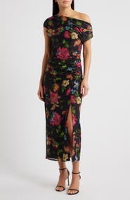 Vince Camuto Floral One-Shoulder Mesh Maxi Dress