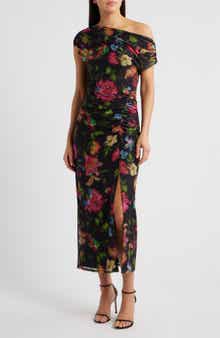 Floral One-Shoulder Mesh Maxi Dress