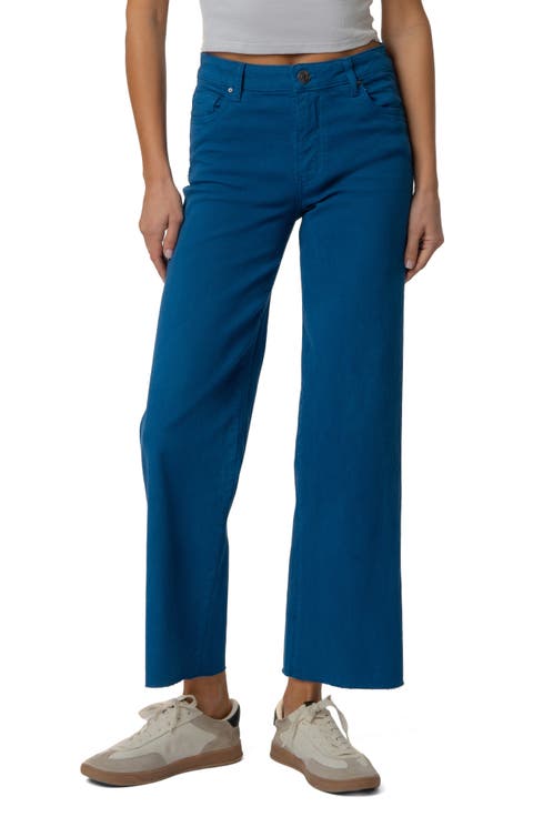 Raw Hem High Waist Ankle Wide Leg Jeans (Sapphire)