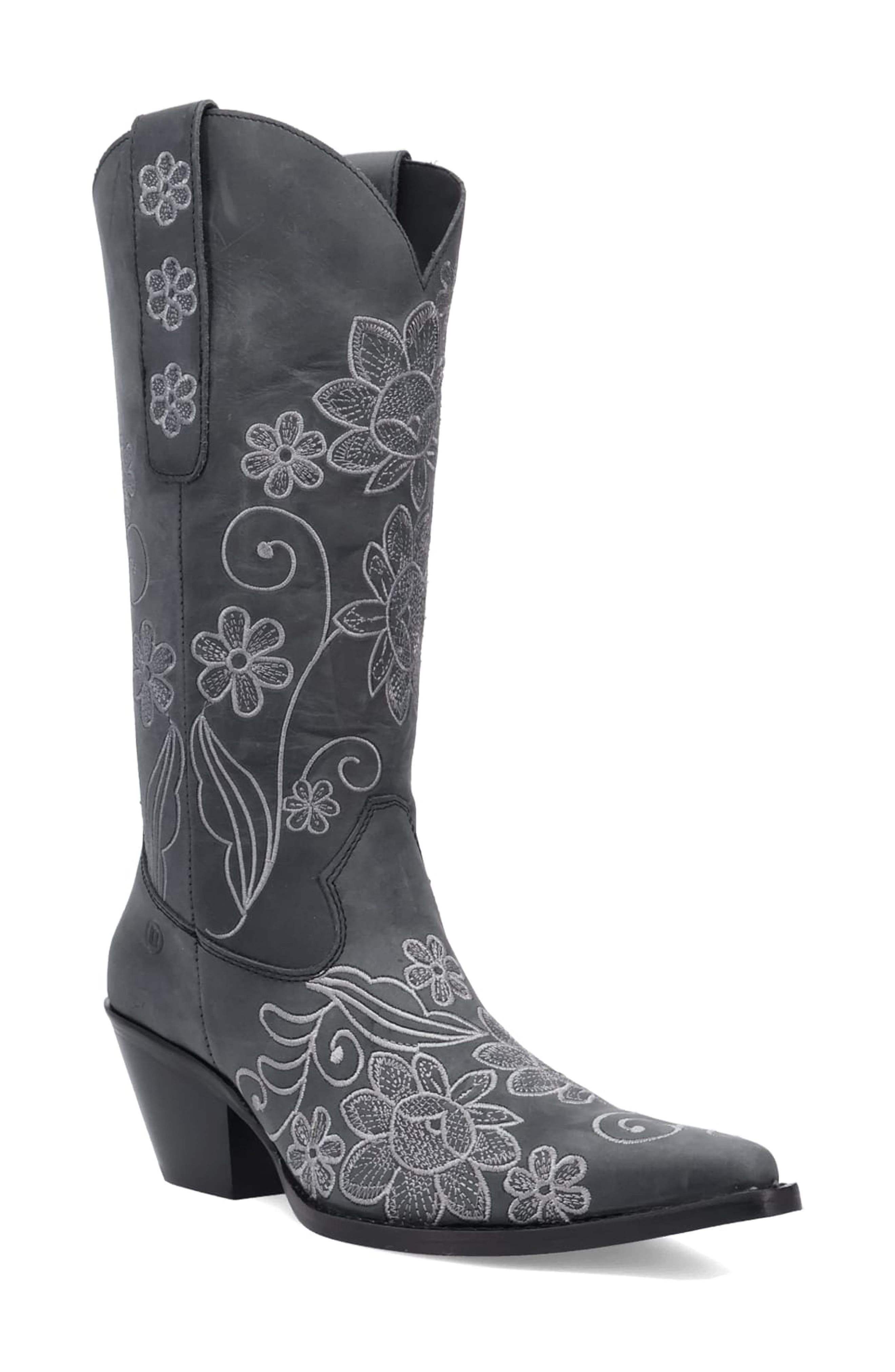 Dingo Swing Floral Embroidery Western Boot, Main, color, Black