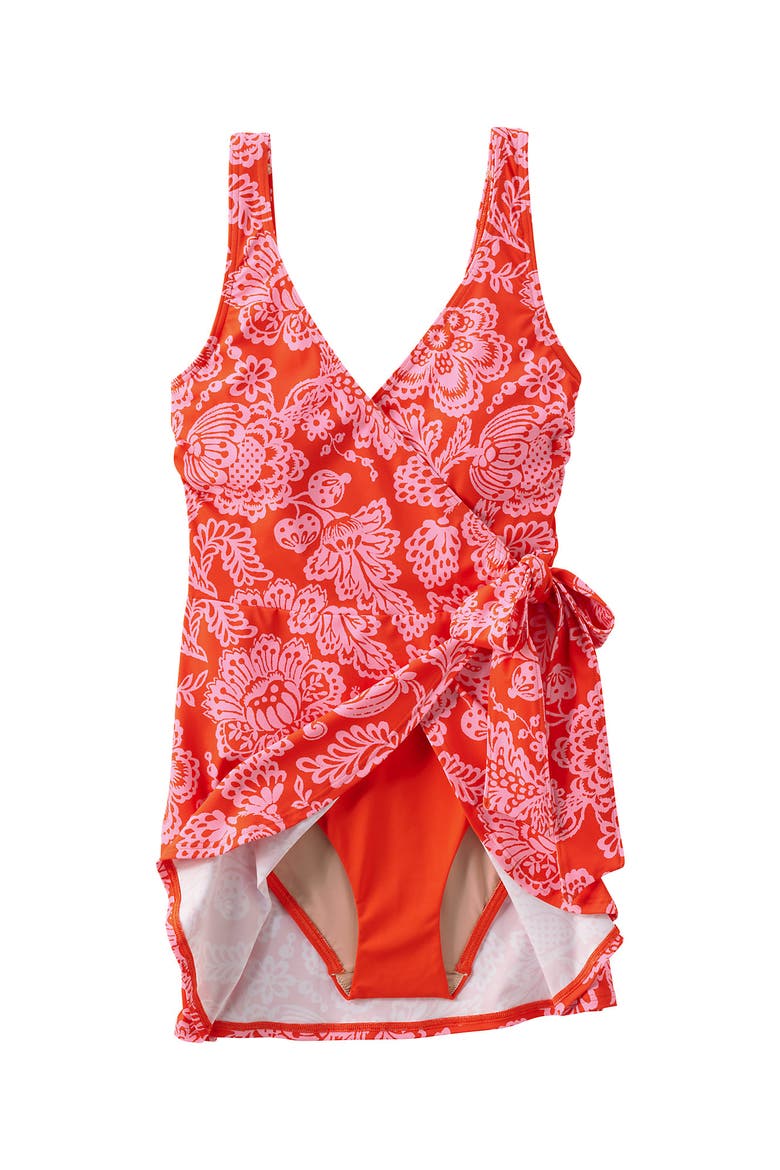 Plus Size Side Tie Mini Swim Dress Swimsuit, Alternate, color, Radiant Orange Floral Medley