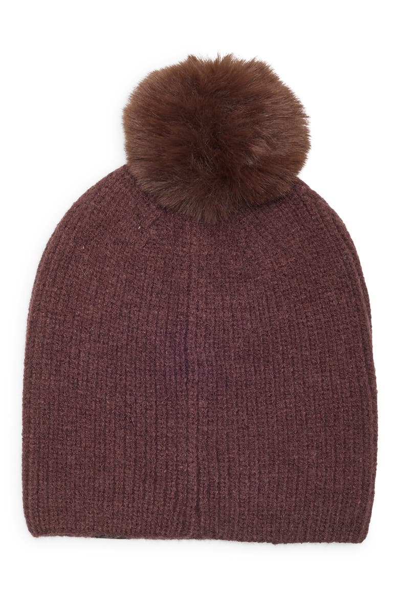 Fair Isle Stud Beanie with Faux Fur Pom, Alternate, color, BROWN