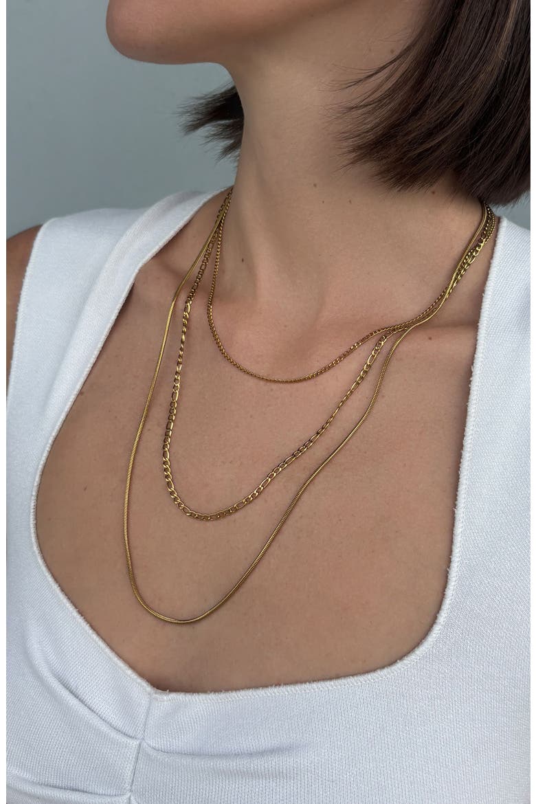 Set of 3 Water Resistant 18k Gold Plated Layered Necklaces, Main, color, GOLD