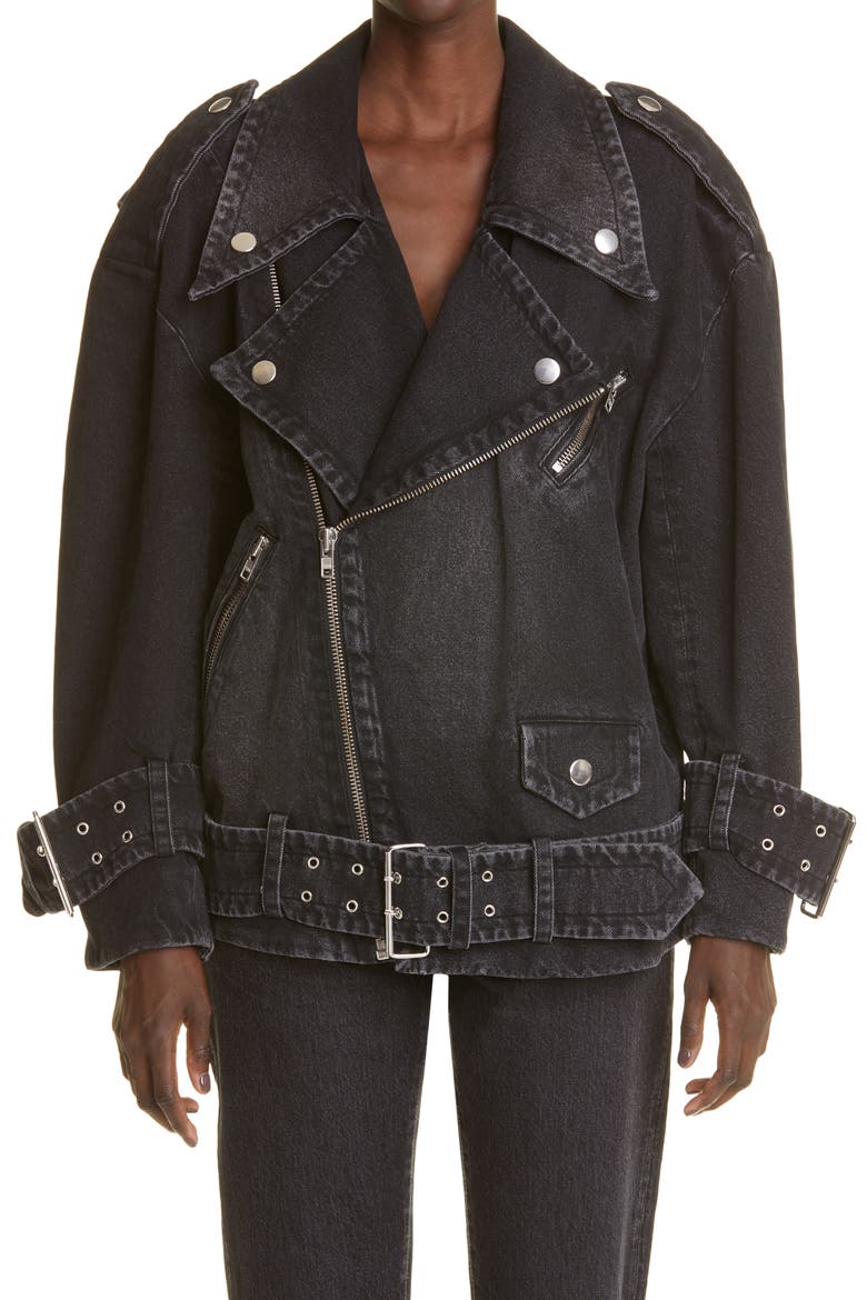 Oversize Denim Moto Jacket, Main, color, BLACK
