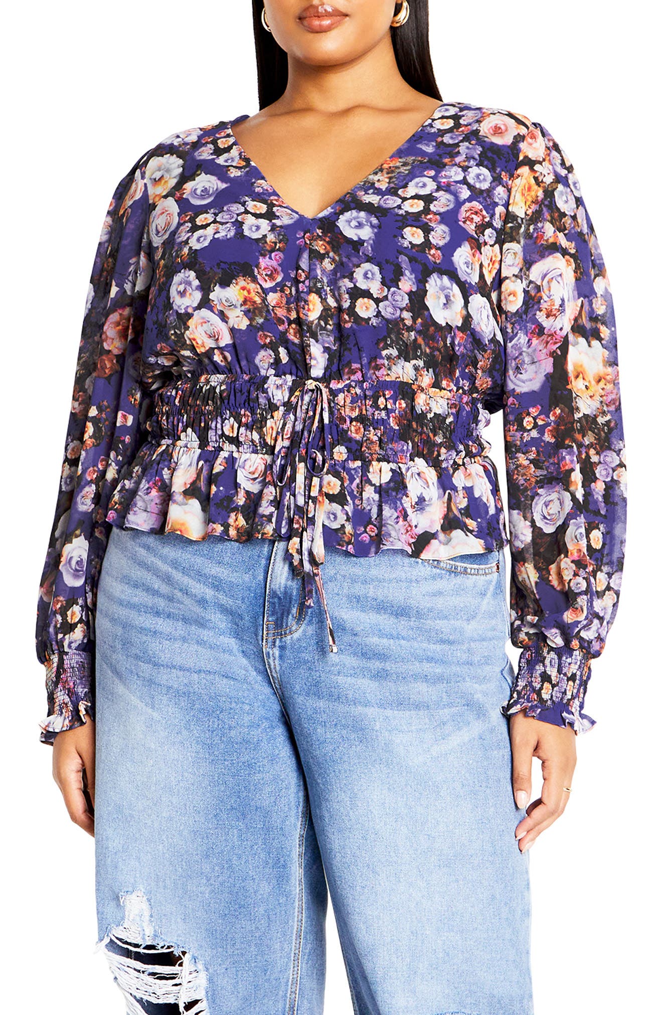 City Chic Bridgette Floral Tie Waist Top in Royal Rose 