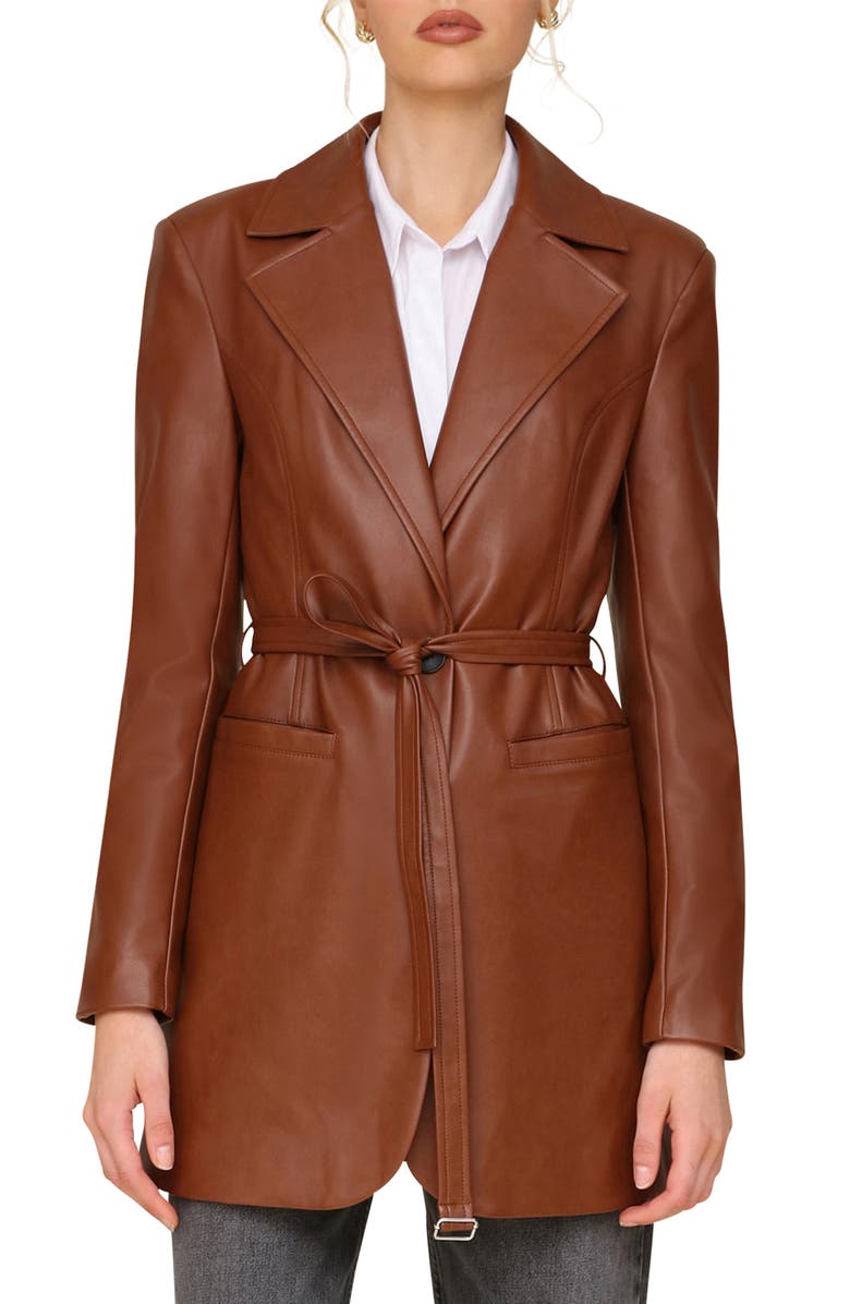 Avec Les Filles Faux-Ever Leather<sup>™</sup> Strong Shoulder Belted Blazer, Main, color, Cherrywood
