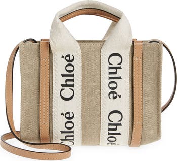 【CHLOE】MINI WOODY TOTE BAG Chloé Mini Woody Tote Bag In Linen in White - Brown | Chloé US