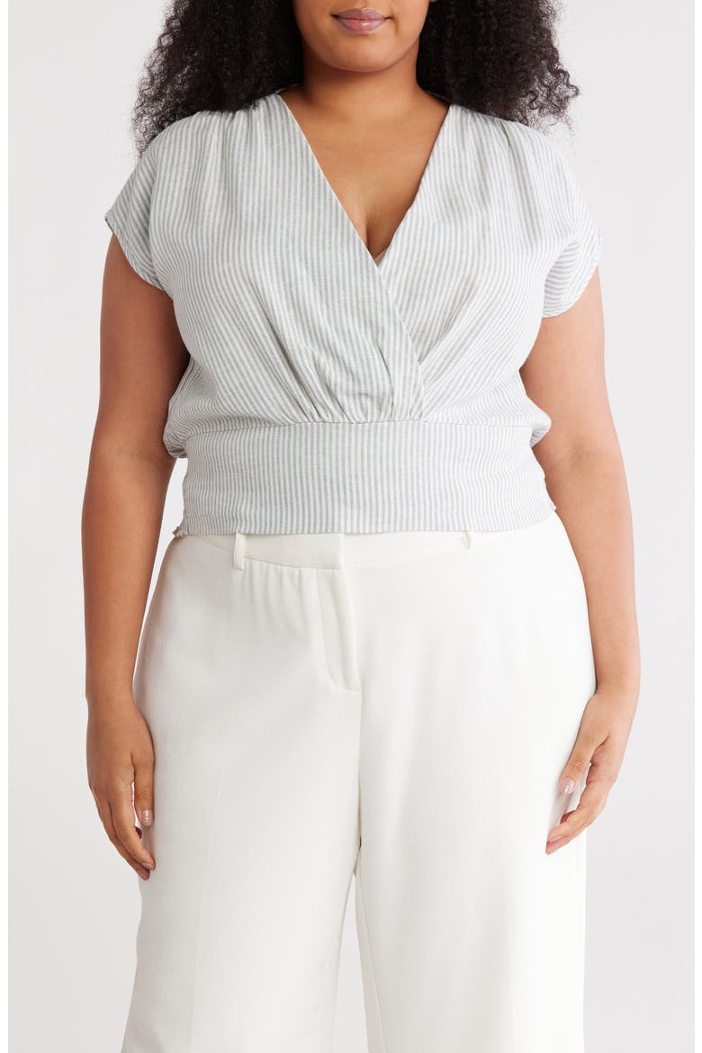 Stripe Cap Sleeve Smocked Waist Linen Blend Top, Main, color, BLUE/ IVORY