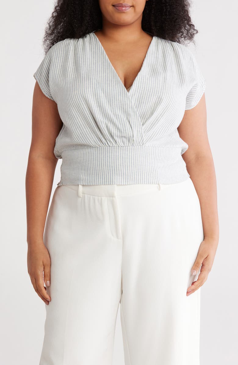 Renee C Stripe Cap Sleeve Smocked Waist Linen Blend Top, Main, color, Blue/ Ivory