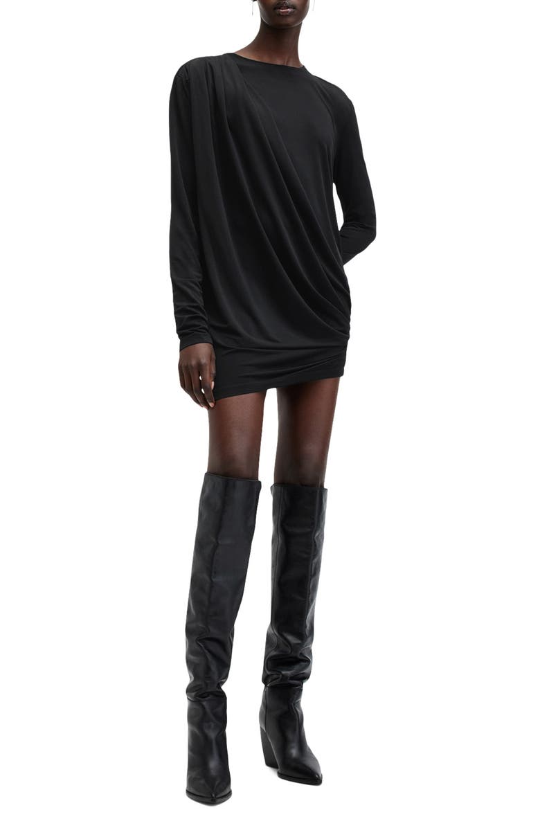 AllSaints Devin Long Sleeve Draped Minidress, Main, color, Black