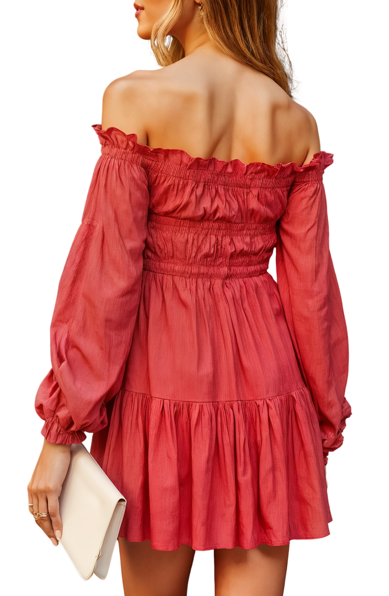 Knit and Lounge Off-Shoulder Smocked Mini Dress with Puff Sleeves, Alternate, color, 