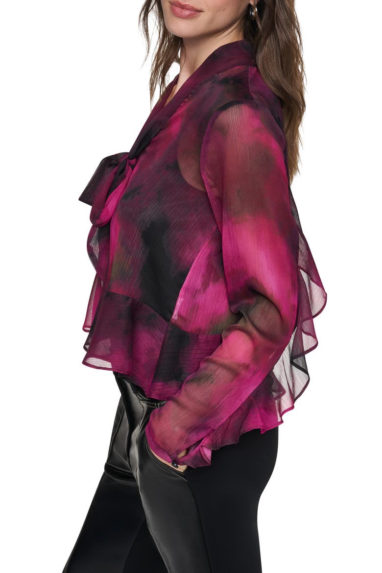 Wavy Print Tie Neck Top, Alternate, color, RASPBRRY H