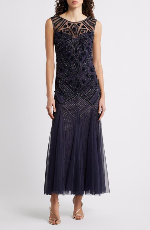 Geometric Beaded Sleeveless Gown