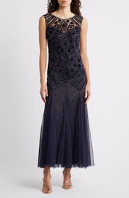 Pisarro Nights Geometric Beaded Sleeveless Gown