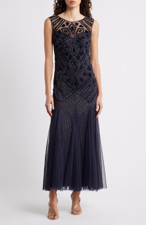 Pisarro Nights Geometric Beaded Sleeveless Gown In Blue