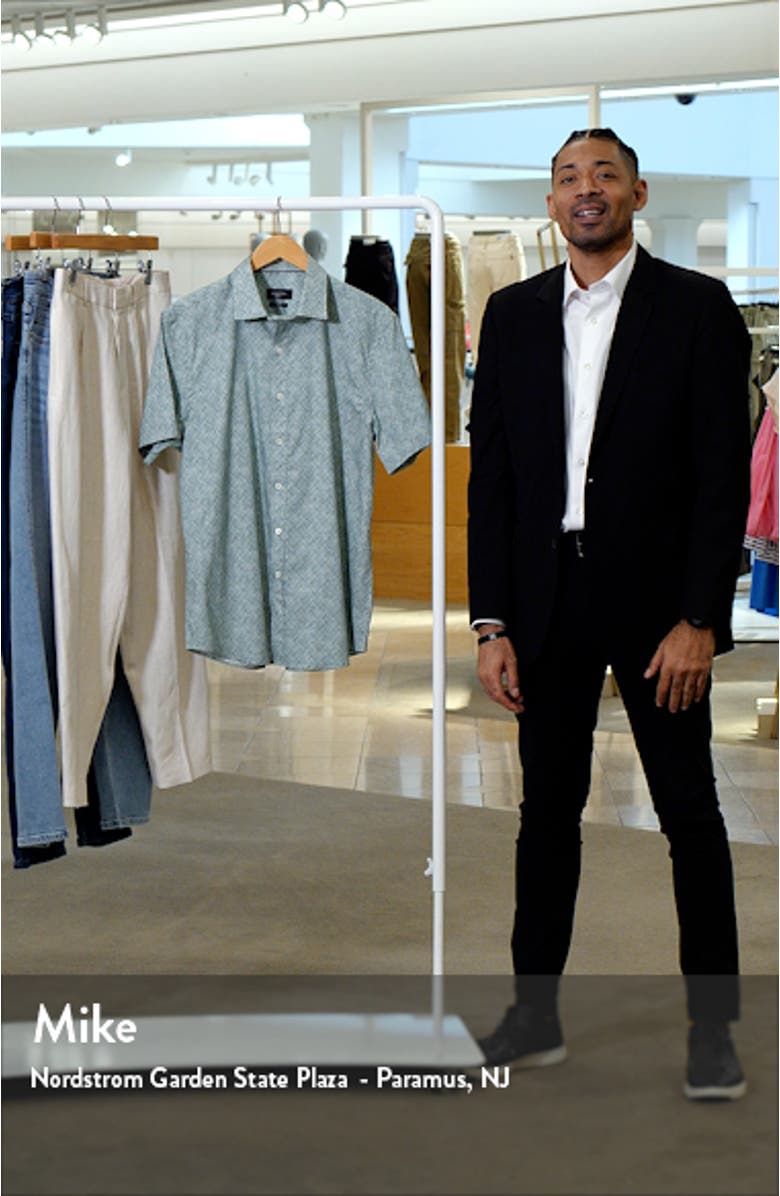 Shaped Fit Geometric Print Short Sleeve Stretch Cotton Button-Up Shirt, sales video thumbnail