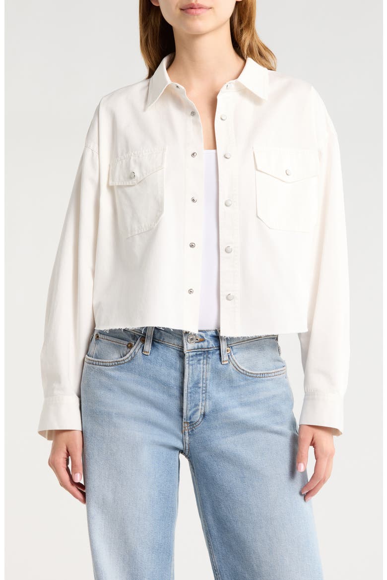 Camper Raw Hem Crop Snap-Up Twill Shirt, Main, color, BLANCO