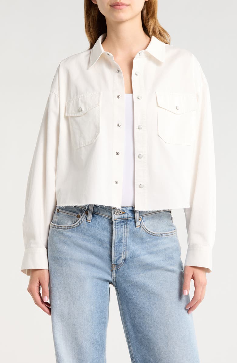 Re/Done Camper Raw Hem Crop Snap-Up Twill Shirt, Main, color, Blanco