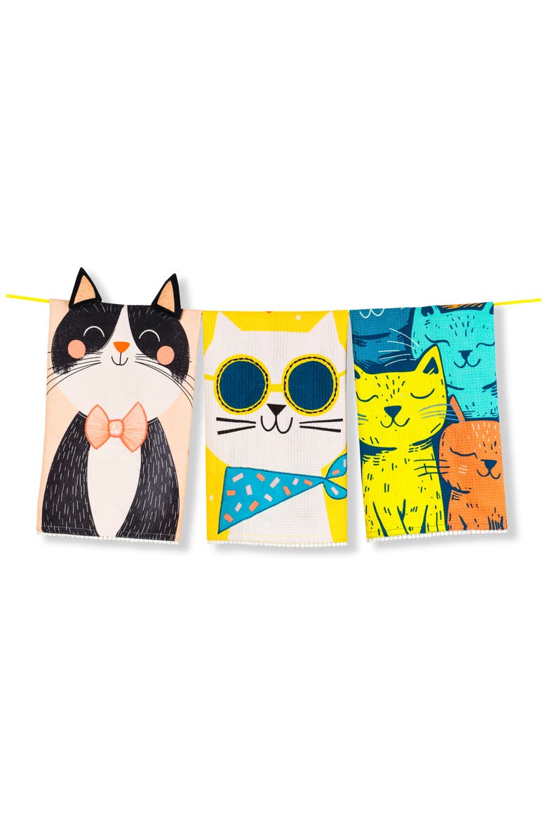 Cool Cats Set of 3 Cotton Kitchen Towels, Main, color, BLUE/ YELLOW/ BLACK