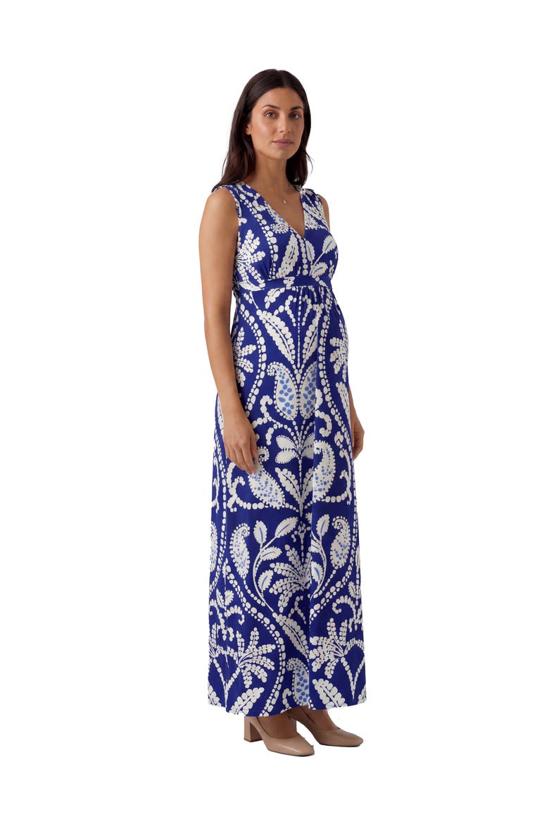 Maternity Essential Abstract Print V-Neck Sleeveless Tie Back Empire Waist Maxi Dress, Alternate, color, Blue Multi