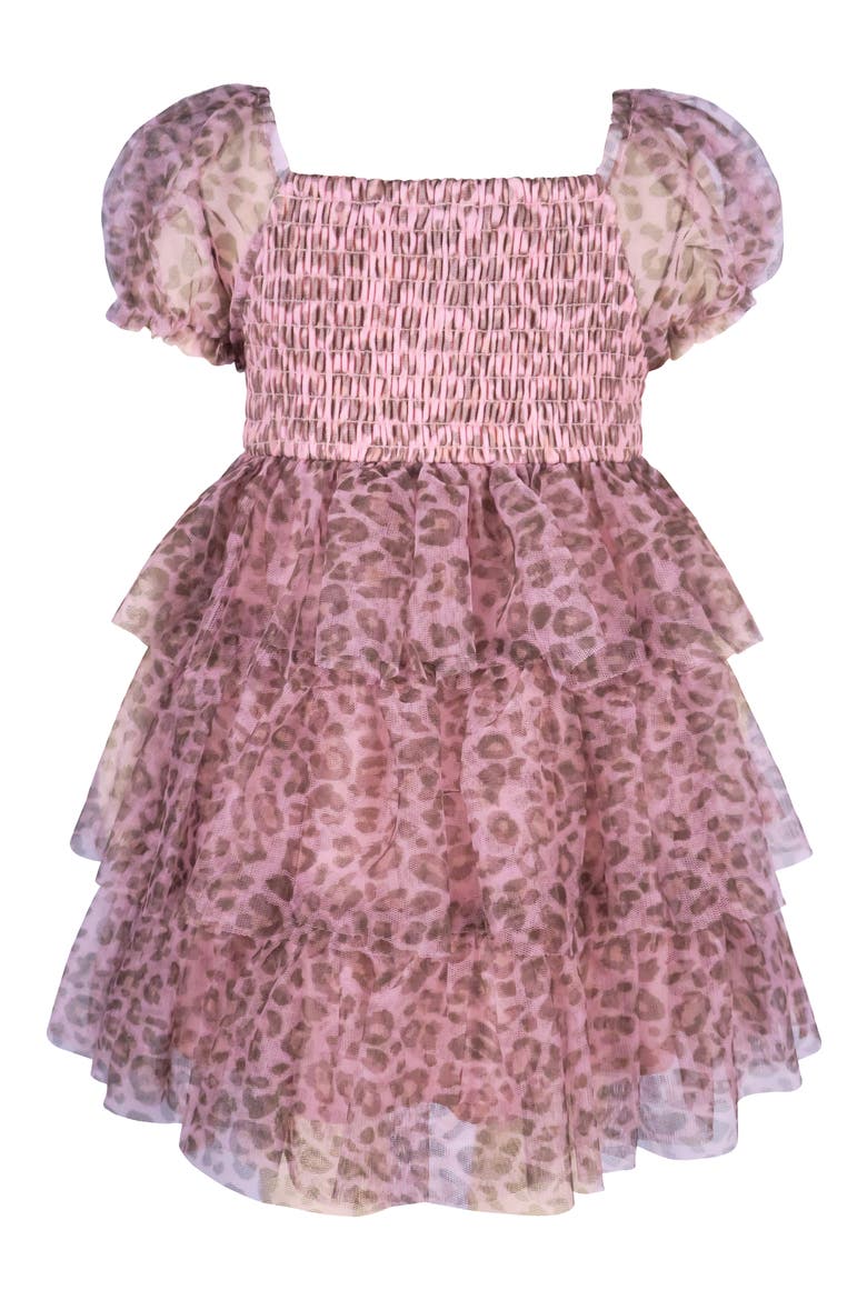 Animal Print Puff Sleeve Smocked Bodice Tiered Mesh Party Dress, Alternate, color, PINK/ BROWN