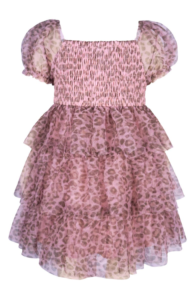 Zunie Animal Print Puff Sleeve Smocked Bodice Tiered Mesh Party Dress, Alternate, color, Pink/ Brown