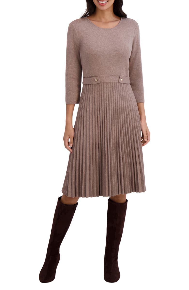 London Times Long Sleeve Pleated Flare Skirt Dress, Main, color, Dark Taupe
