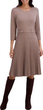London Times Long Sleeve Pleated Flare Skirt Dress