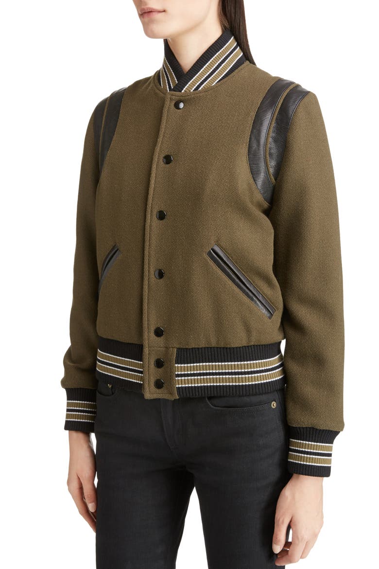 Leather Trim Classic Teddy Jacket, Alternate, color, KHAKI/ BLACK