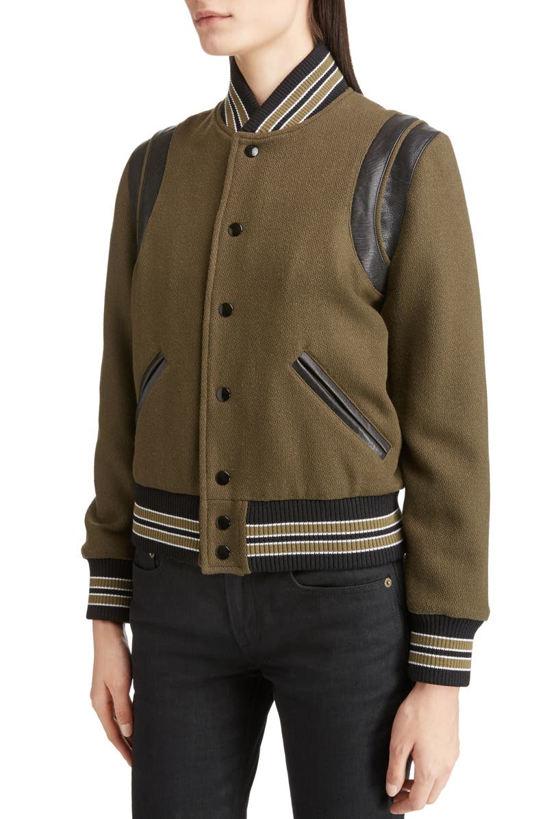 Saint Laurent Leather Trim Classic Teddy Jacket, Alternate, color, 