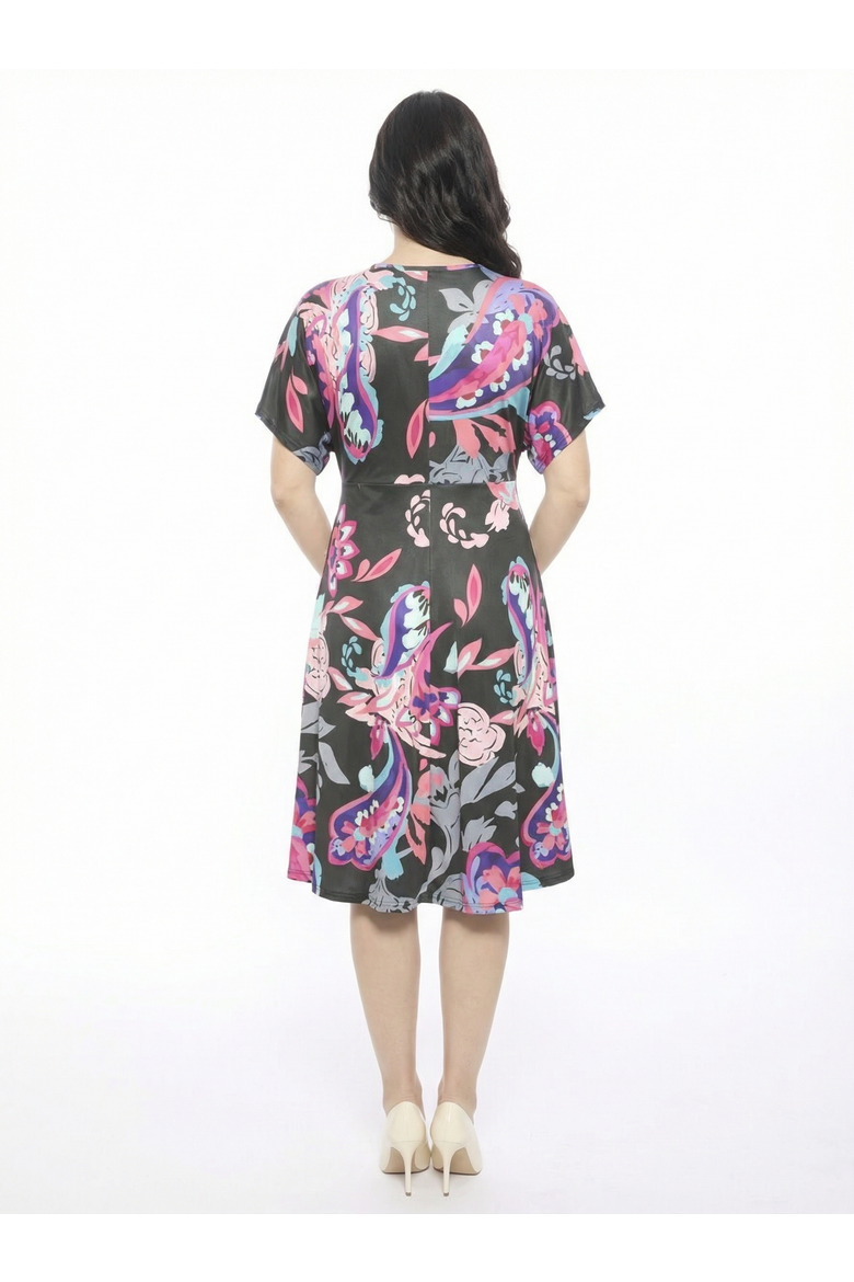 Maternity Paisley V-Neck Short Dolman Sleeve Twist Front A-Line Midi Dress, Alternate, color, Black Multi