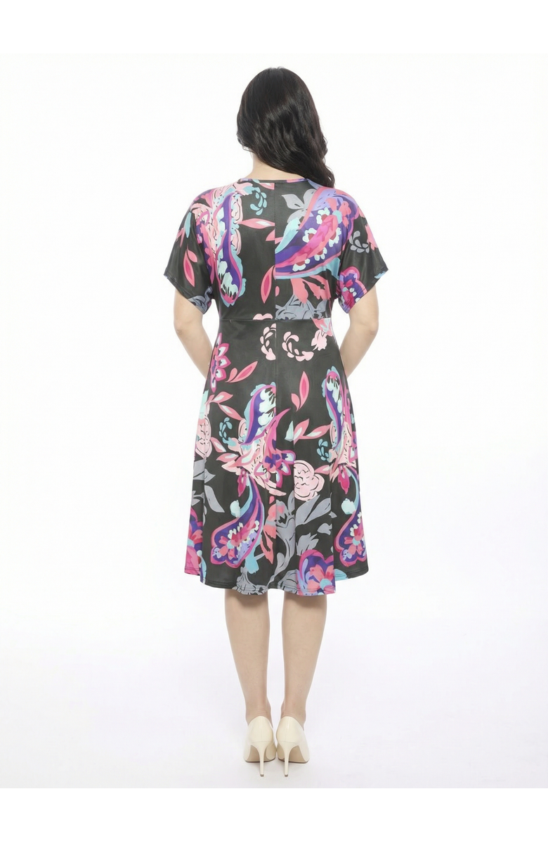 24seven Comfort Apparel Maternity Paisley V-Neck Short Dolman Sleeve Twist Front A-Line Midi Dress, Alternate, color, Black Multi