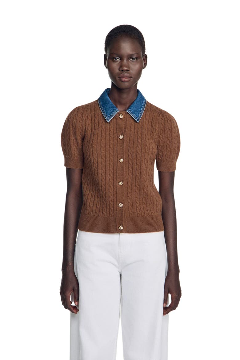 Cardigan with detachable denim collar, Alternate, color, Brown